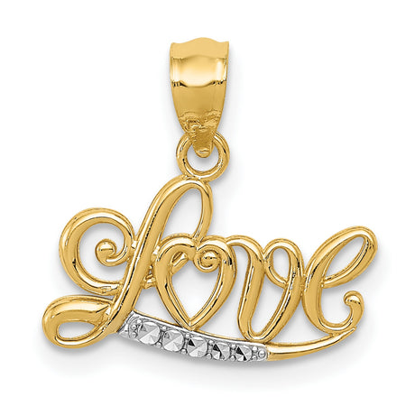 14k Multi-Tone Gold Love Pendant with Heart Script and Diamond Cut Accents for Women
