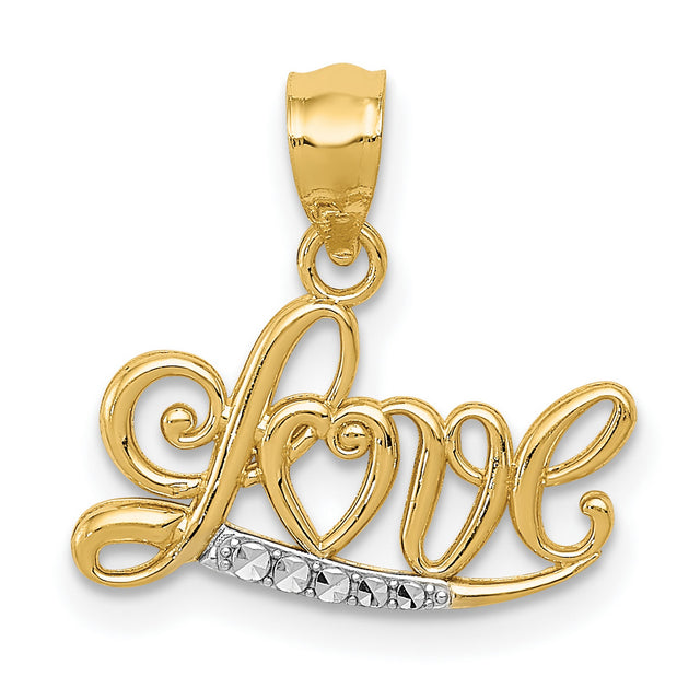 14k Multi-Tone Gold Love Pendant with Heart Script and Diamond Cut Accents for Women
