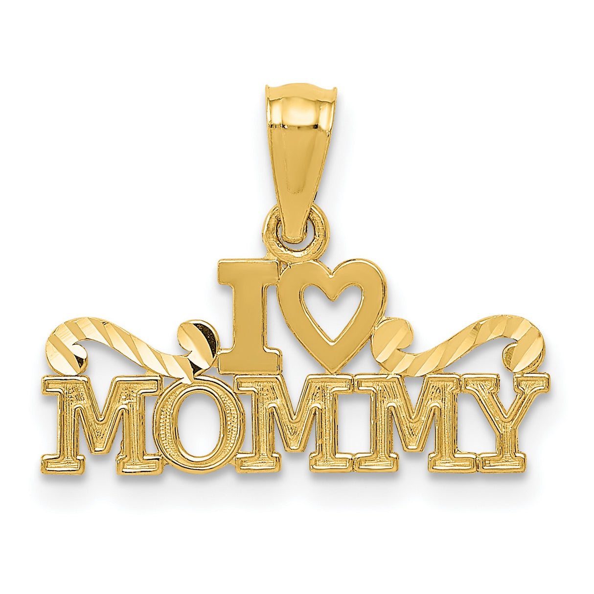 14k Yellow Gold I Heart Mommy Pendant with Swirl Accents, Sentimental Mom Charm