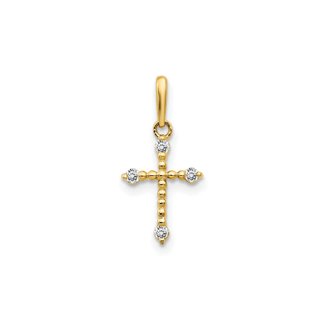 14k Yellow Gold Cross Pendant with Cubic Zirconia and Beaded Detailing for Women