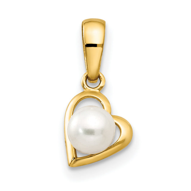 14k Yellow Gold Heart Pendant with Cultured White Pearl, Open Heart Design