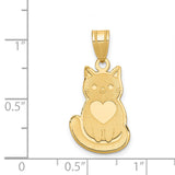 Laser Cut Cat With Polished Heart Charm Pendant in Real 14k Yellow Gold