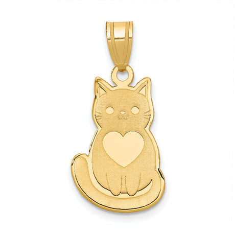 Laser Cut Cat With Polished Heart Charm Pendant in Real 14k Yellow Gold