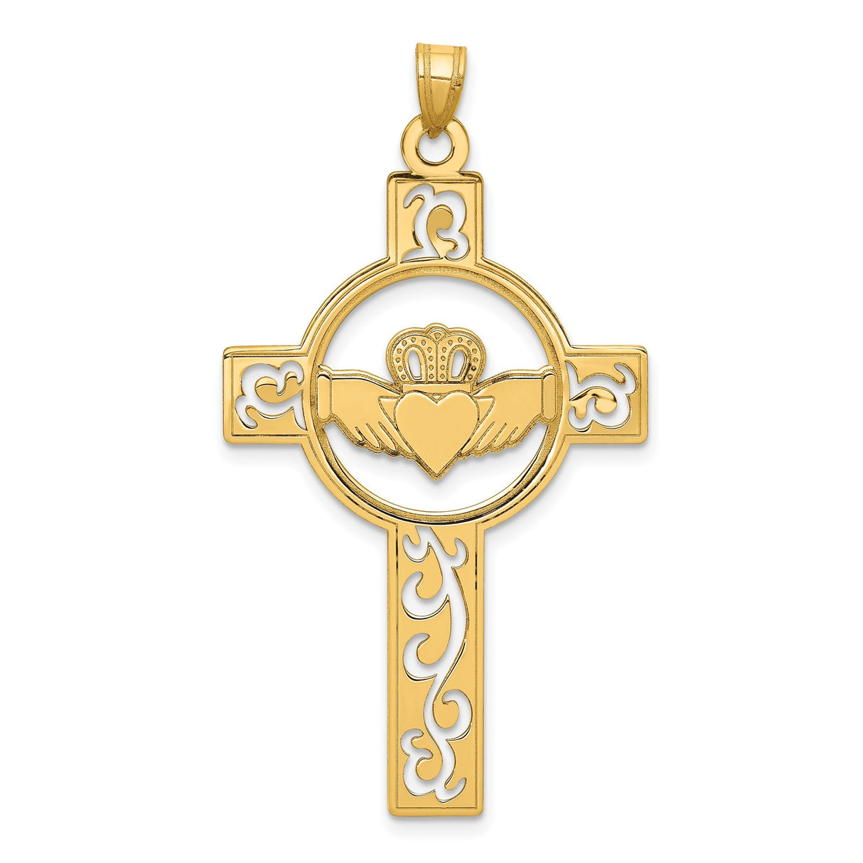 14k Yellow Gold Claddagh Cross Pendant, Celtic Hands Heart Crown Symbol, Irish Christian Jewelry