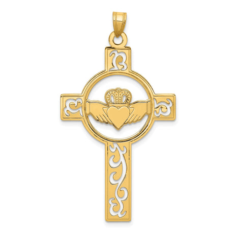 14k Yellow Gold Claddagh Cross Pendant, Celtic Hands Heart Crown Symbol, Irish Christian Jewelry