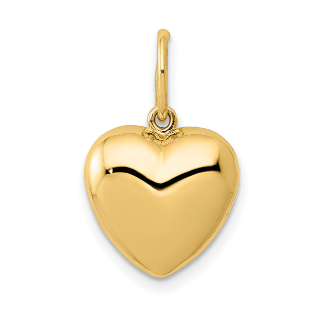 14k Yellow Gold Heart Pendant Charm, Puffed Smooth Polished Finish, Classic Romantic Design