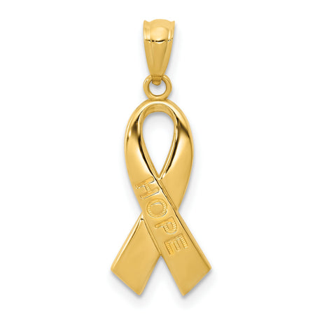 Polished Hope Word On Cancer Awareness Ribbon Charm Pendant in Real 14k Yellow Gold