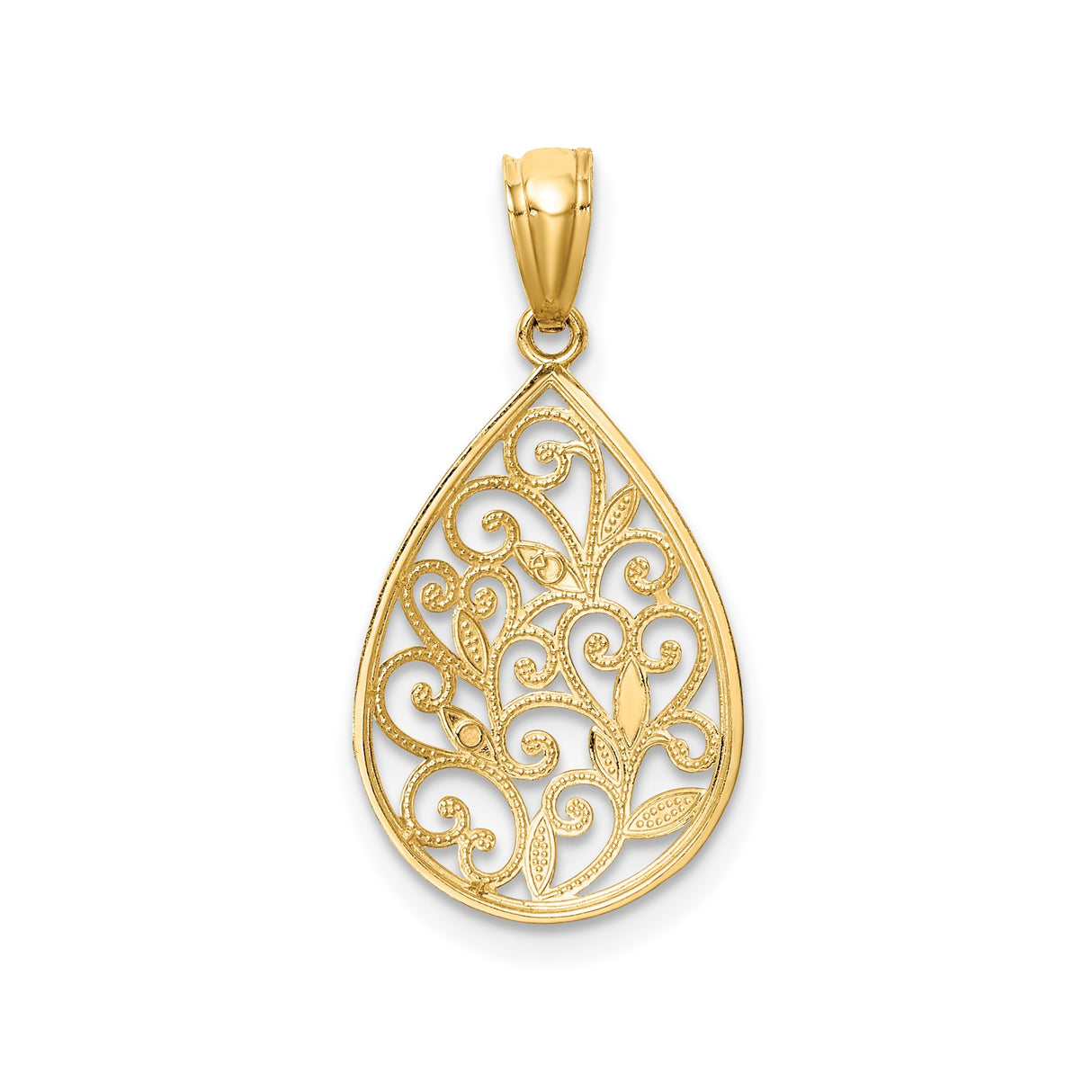 14k Yellow Gold Teardrop Pendant with Filigree Floral Design and Openwork Charm
