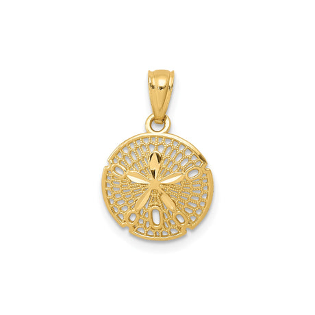 14k Yellow Gold Sand Dollar Pendant with Cutout Filigree Design, Coastal Beach Charm