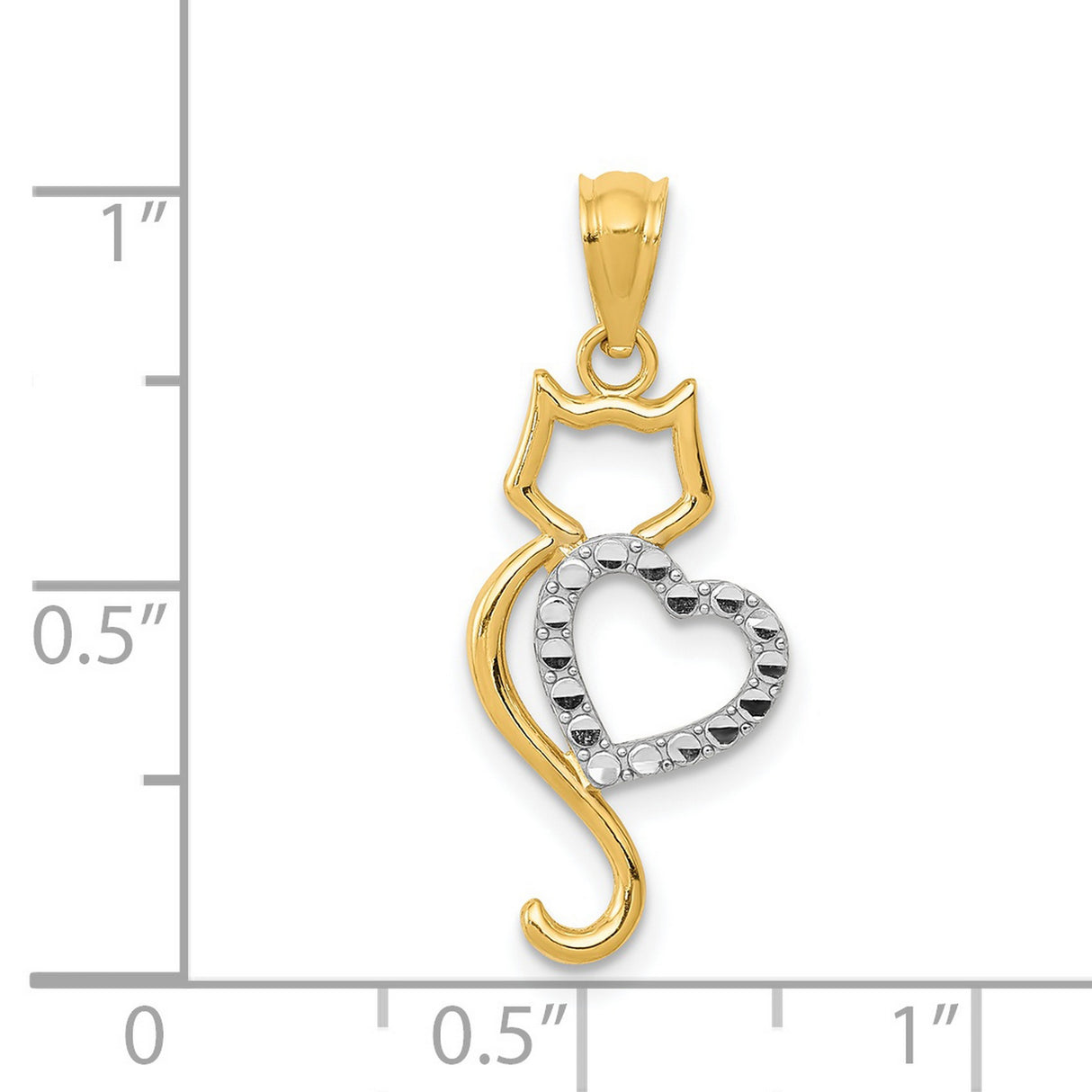 Yellow Gold Cat And White Accented Heart Charm Pendant in Real 14k Multi-Tone Gold