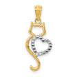 Yellow Gold Cat And White Accented Heart Charm Pendant in Real 14k Multi-Tone Gold