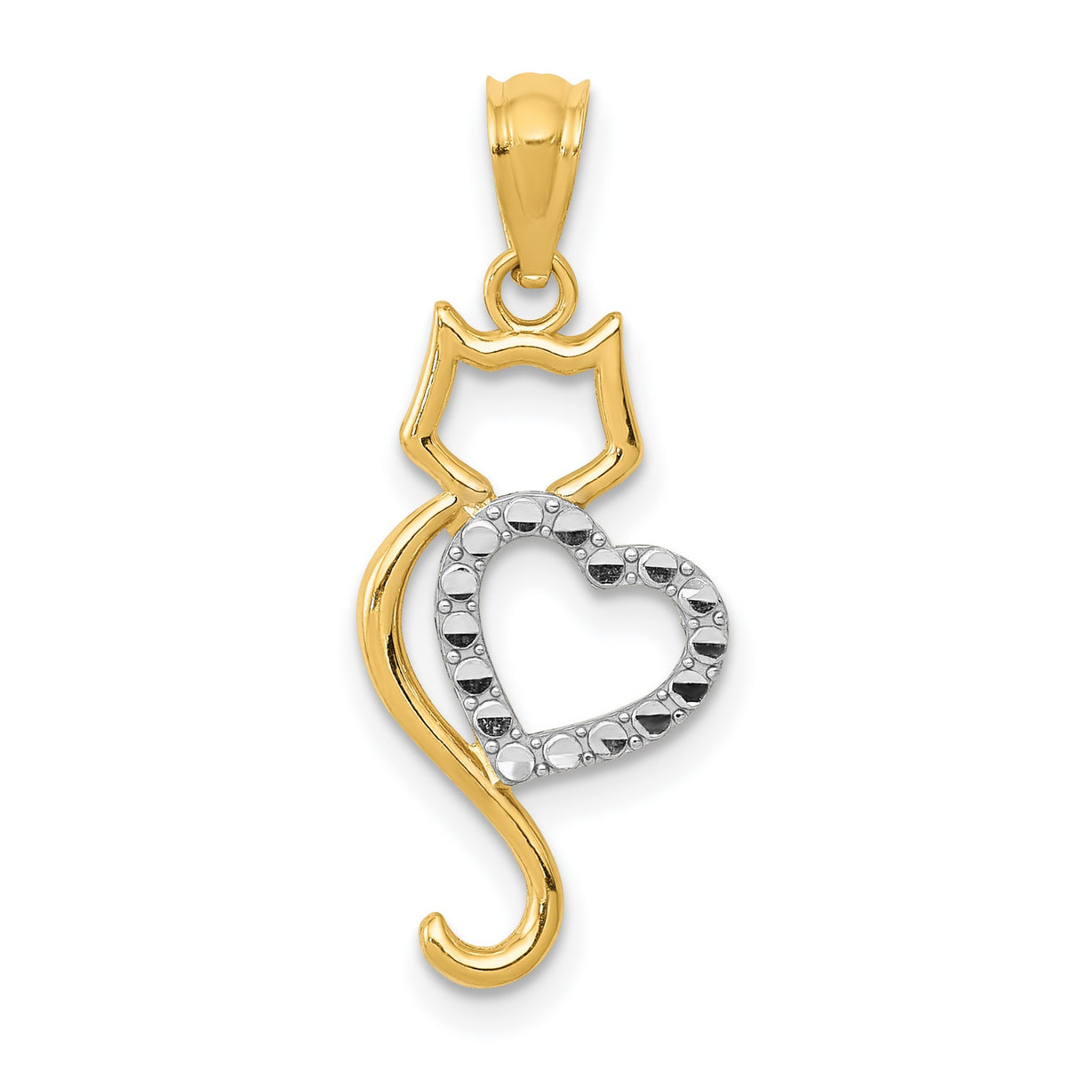 Yellow Gold Cat And White Accented Heart Charm Pendant in Real 14k Multi-Tone Gold