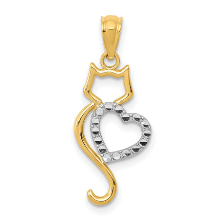 Yellow Gold Cat And White Accented Heart Charm Pendant in Real 14k Multi-Tone Gold