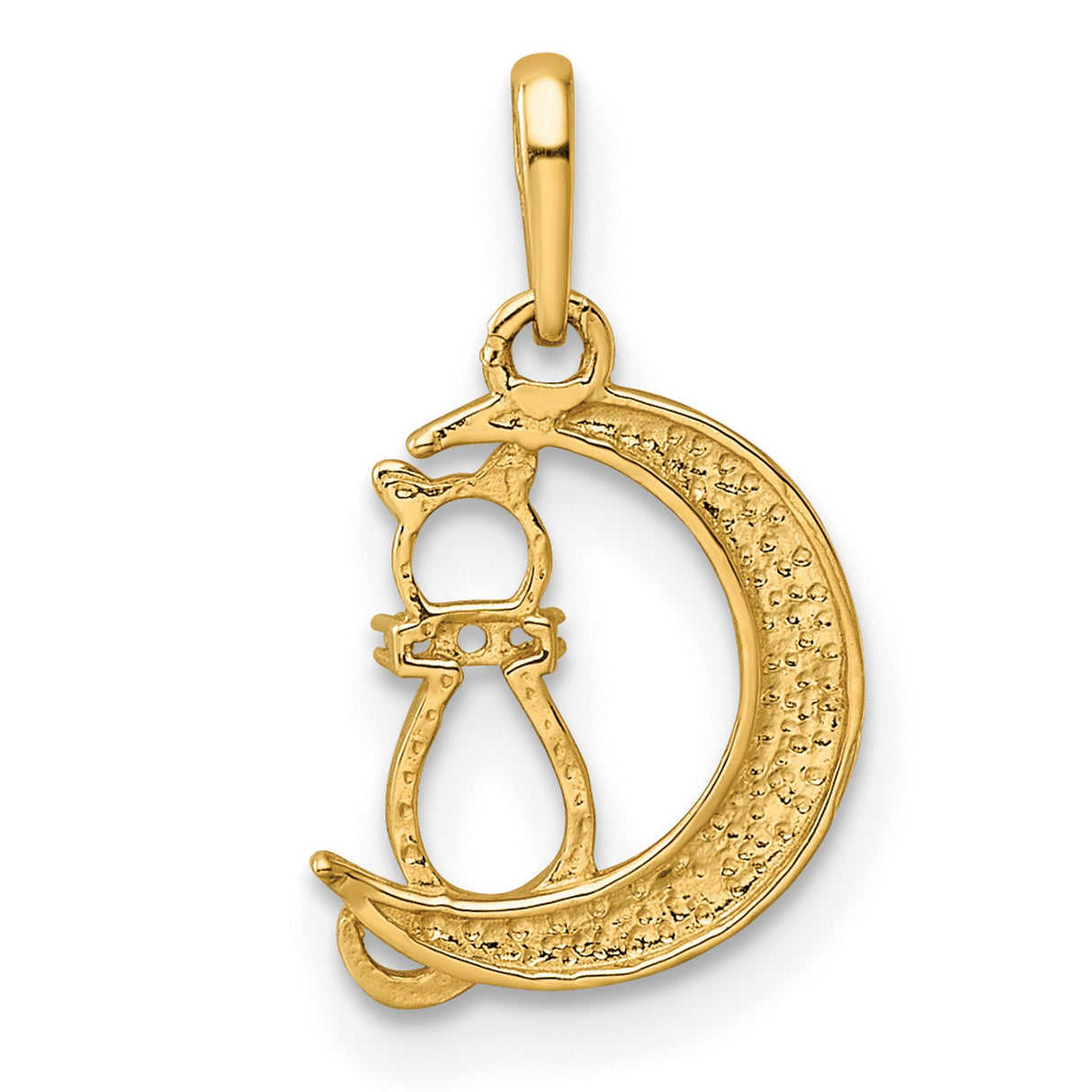 Childrens CZ Cat And Crescent Moon Charm Pendant in Real 14k Yellow Gold