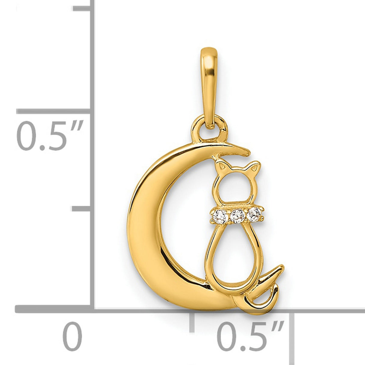 Childrens CZ Cat And Crescent Moon Charm Pendant in Real 14k Yellow Gold