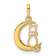 Childrens CZ Cat And Crescent Moon Charm Pendant in Real 14k Yellow Gold