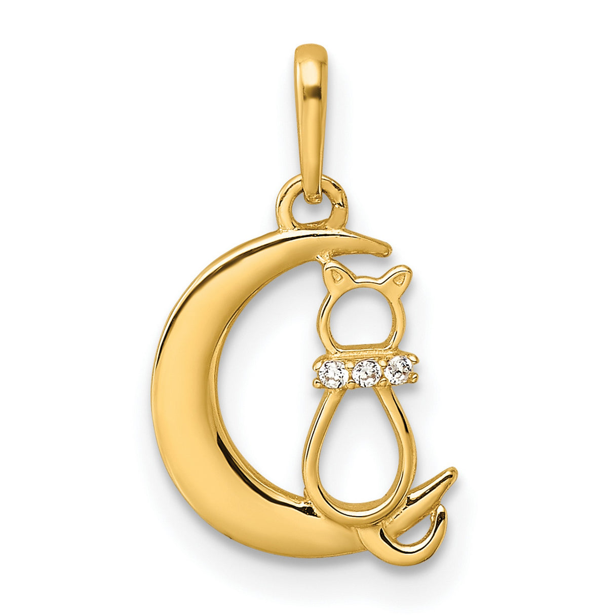 Childrens CZ Cat And Crescent Moon Charm Pendant in Real 14k Yellow Gold