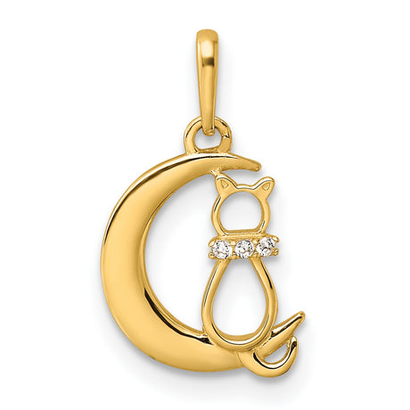 Childrens CZ Cat And Crescent Moon Charm Pendant in Real 14k Yellow Gold