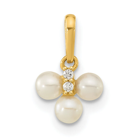 Childrens White Freshwater Cultured Pearl and CZ Charm Pendant in Real 14k Yellow Gold
