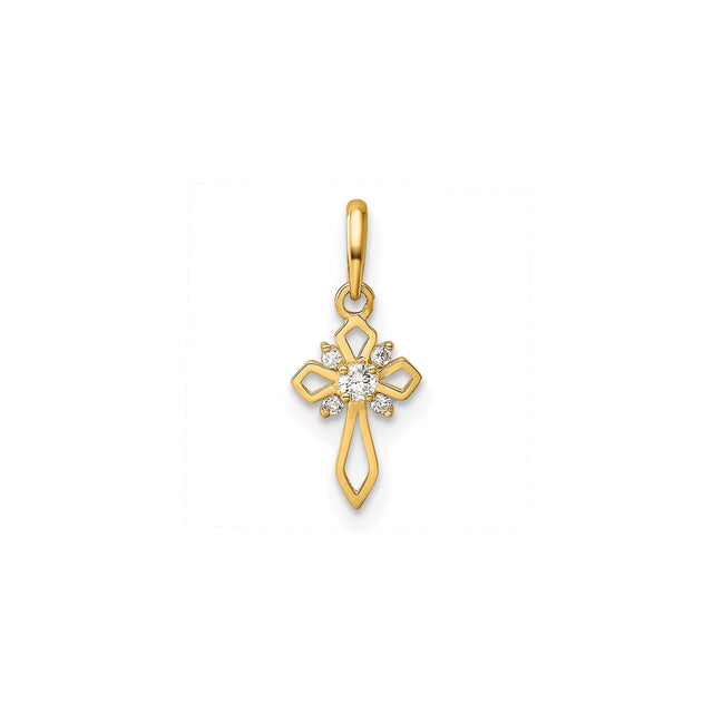 14k Yellow Gold Cross Pendant with Cubic Zirconia, Openwork Design, Christian Religious Jewelry