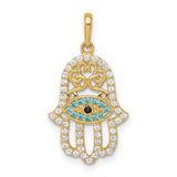 Multi-colored CZ Hamsa Charm Pendant in Real 14k Yellow Gold