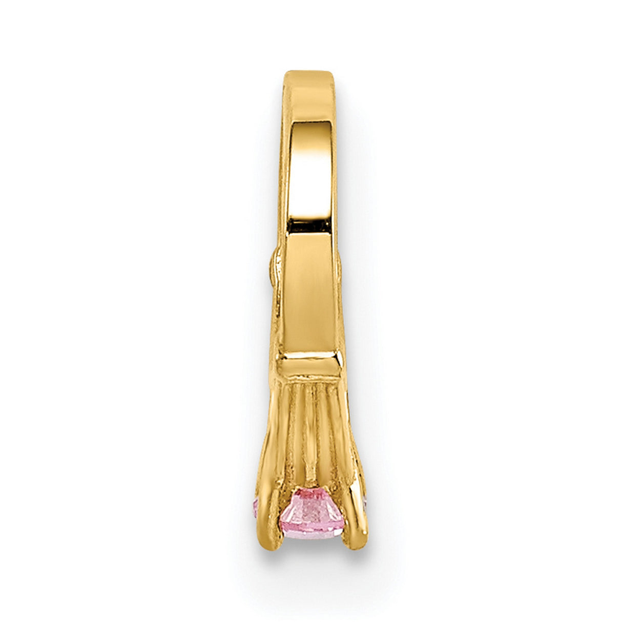 14k Yellow Gold Huggie Hoop Earrings with Pink Cubic Zirconia, Claw Setting, Fluted Detail