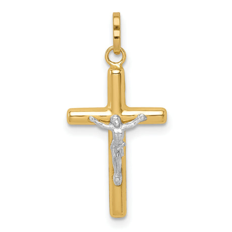 14k Multi-Tone Gold Crucifix Cross Pendant, Polished Hollow Jesus Charm, Classic Two-Tone Design