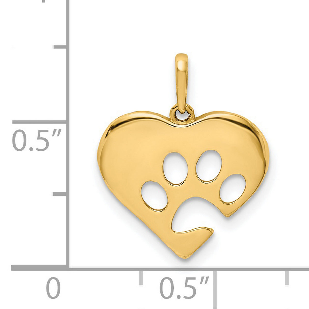 Polished Heart with Paw Print Charm Pendant in Real 14k Yellow Gold