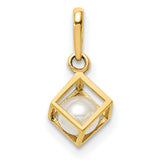 14k Yellow Gold Pendant with White Pearl, Open Cube Design, Minimalist Geometric Style