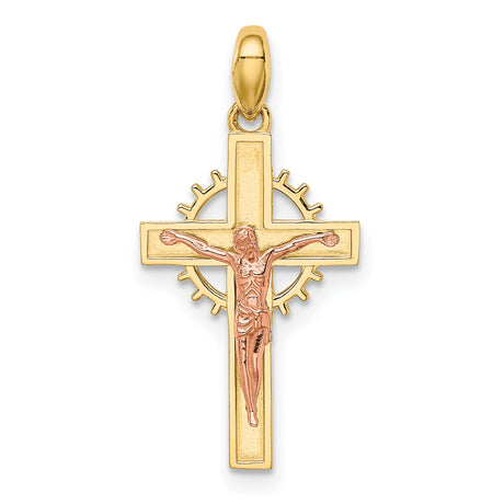 14k Two-Tone Gold Crucifix Cross Pendant with Cubic Zirconia and Sunburst Design