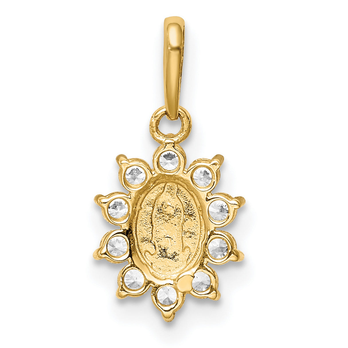 Miniature Our Lady of Guadalupe with Ten CZ Stone Border Charm Pendant in Real 14k Yellow Gold