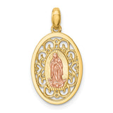Our Lady of Guadalupe Filigree Design Oval Charm Pendant in Real 14k Multi-Tone Gold