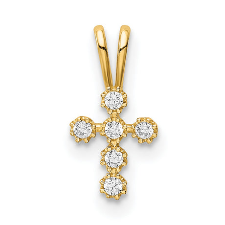 14k Yellow Gold Cross Pendant with Diamond Floral Prong Setting, Christian Religious Charm for Women