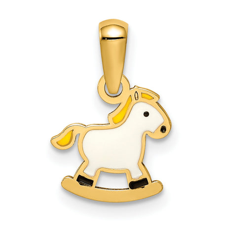 14k Yellow Gold Rocking Horse Pendant with White Enamel, Baby Girl Charm Keepsake