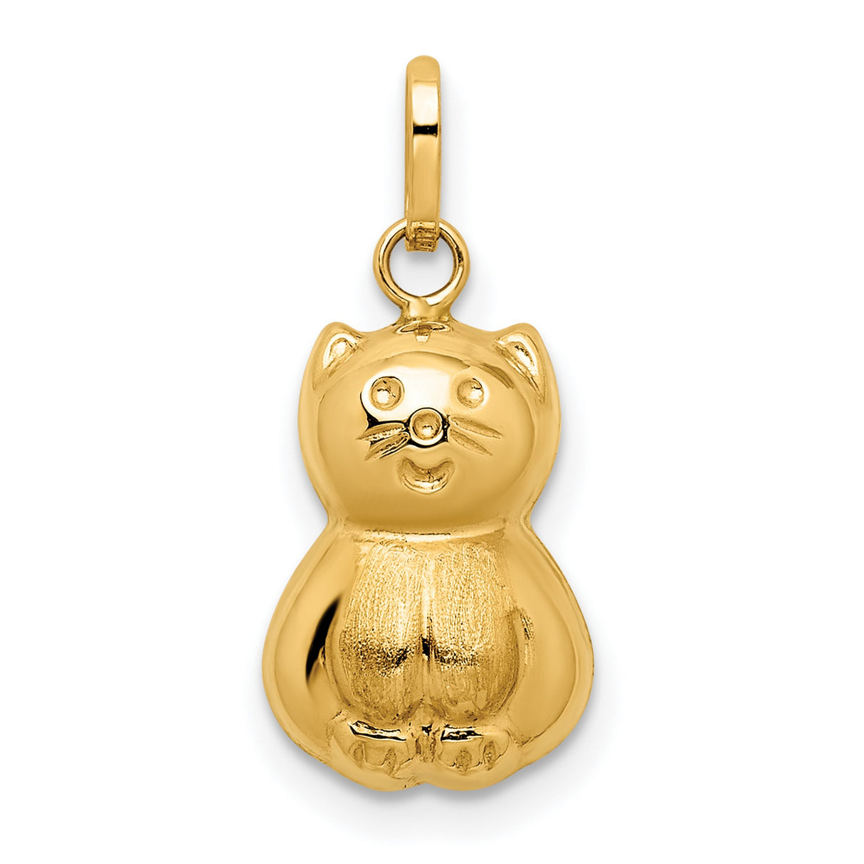Satin 3-D Cat Charm Pendant in Real 14k Yellow Gold