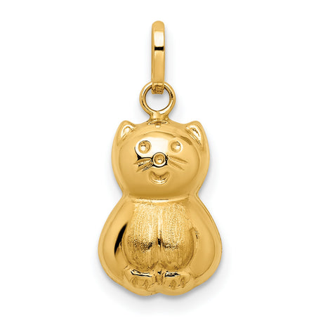 Satin 3-D Cat Charm Pendant in Real 14k Yellow Gold