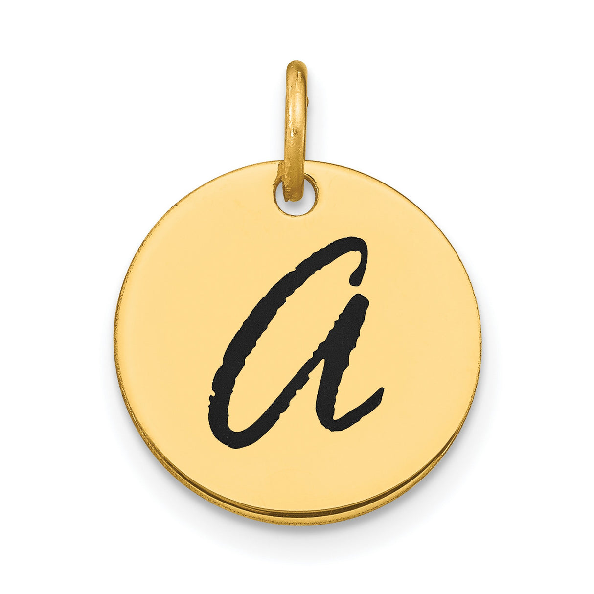 14k Yellow Gold Initial Pendant with Black Script Letter A, Enameled Disk Charm