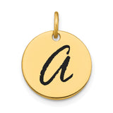 14k Yellow Gold Initial Pendant with Black Script Letter A, Enameled Disk Charm