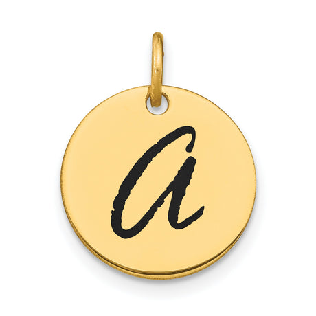 14k Yellow Gold Initial Pendant with Black Script Letter A, Enameled Disk Charm