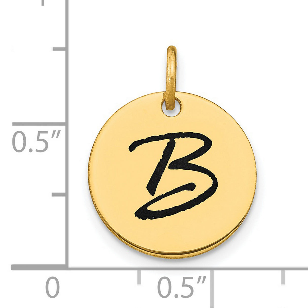 14k Yellow Gold Initial Pendant, Round Script Letter B Charm, Unisex Alphabet Disk