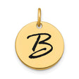 14k Yellow Gold Initial Pendant, Round Script Letter B Charm, Unisex Alphabet Disk