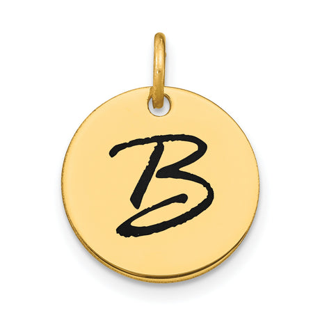 14k Yellow Gold Initial Pendant, Round Script Letter B Charm, Unisex Alphabet Disk