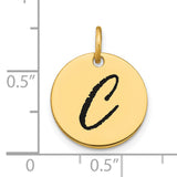 14k Yellow Gold Initial Pendant, Script Letter C on Polished Round Disc with Black Enamel