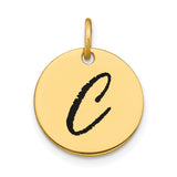 14k Yellow Gold Initial Pendant, Script Letter C on Polished Round Disc with Black Enamel
