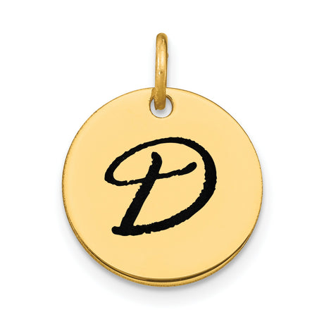 14k Yellow Gold Round Pendant with Black Script Letter P, Unisex Initial Charm