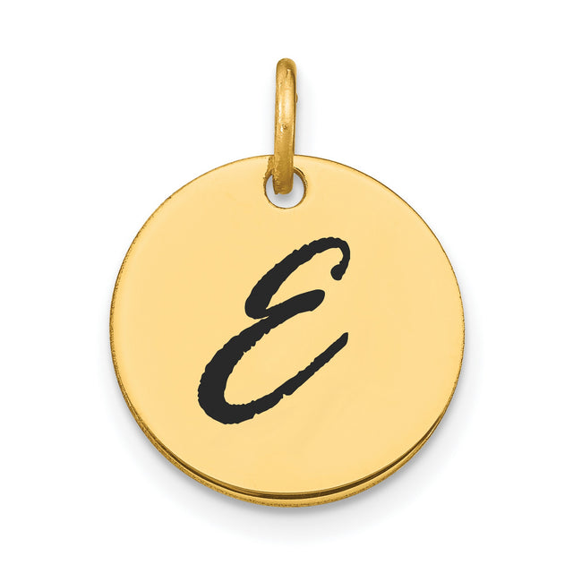 14k Yellow Gold Pendant with Black Script Letter E, Custom Initial Charm for Women or Unisex Wear