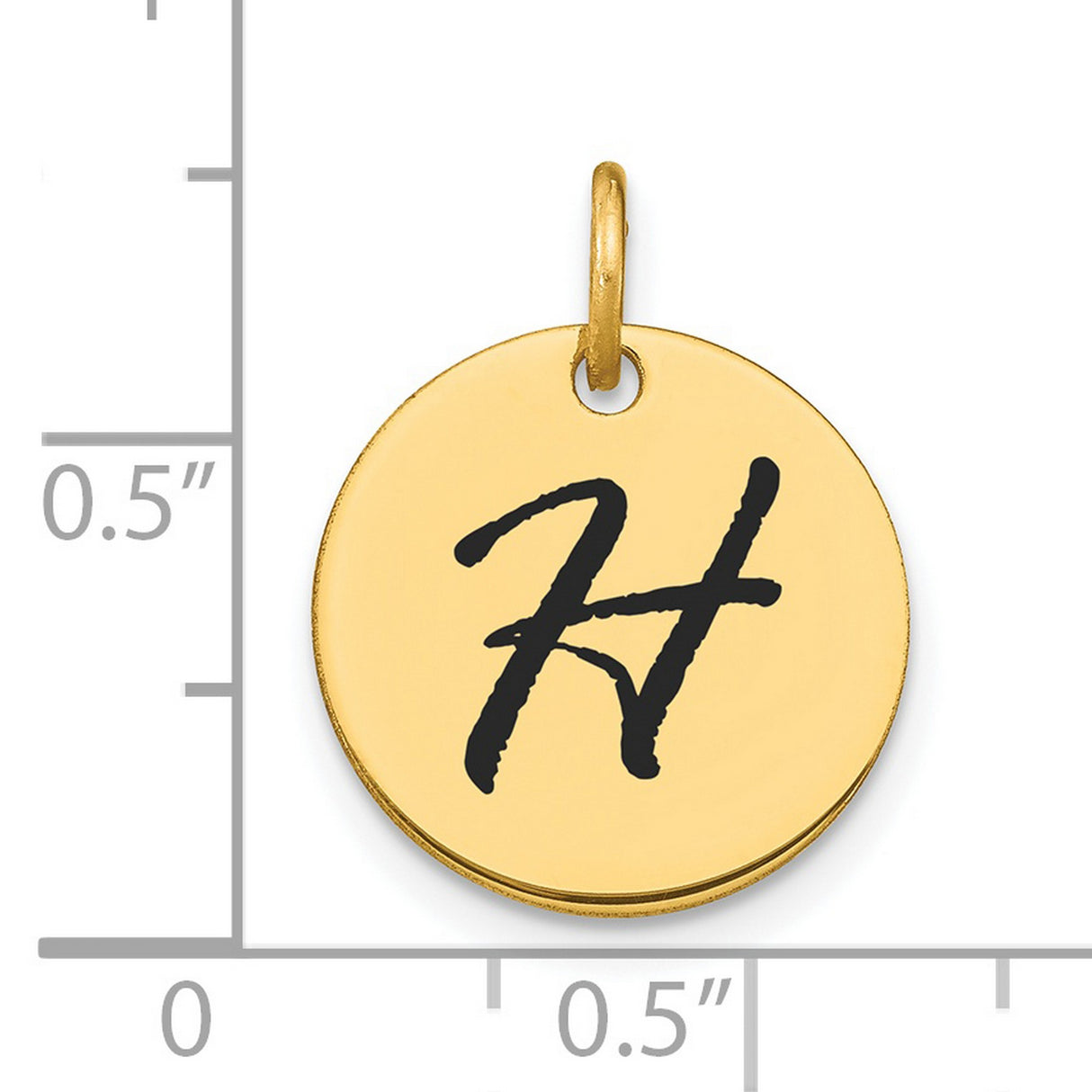 14k Yellow Gold Disc Pendant with Black Script Letter H, Custom Monogram Charm