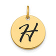 14k Yellow Gold Disc Pendant with Black Script Letter H, Custom Monogram Charm