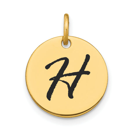 14k Yellow Gold Disc Pendant with Black Script Letter H, Custom Monogram Charm