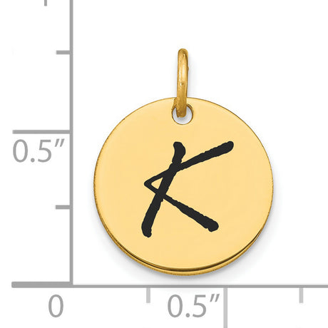 14k Yellow Gold Initial Pendant with Hand Drawn Letter K on Round Disc Charm